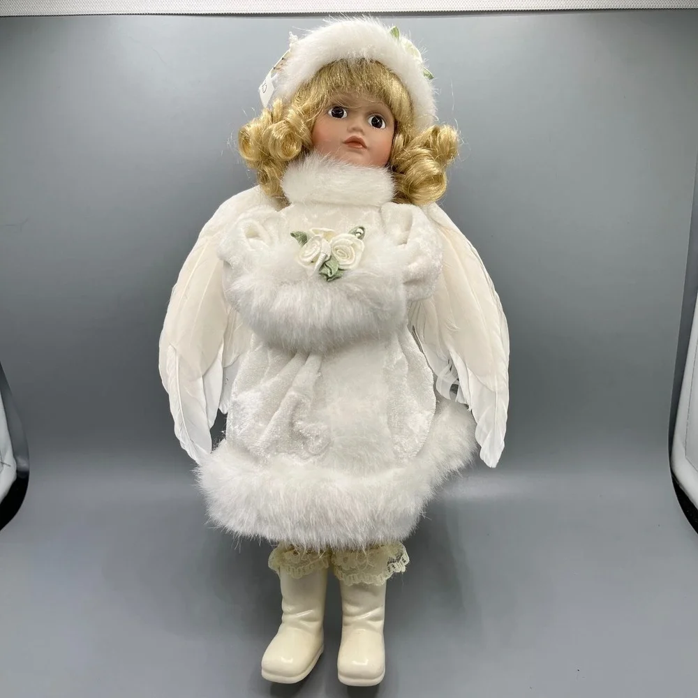 Angel Doll White‎ Porcelain Blonde Hair Wings Christmas Decoration Display